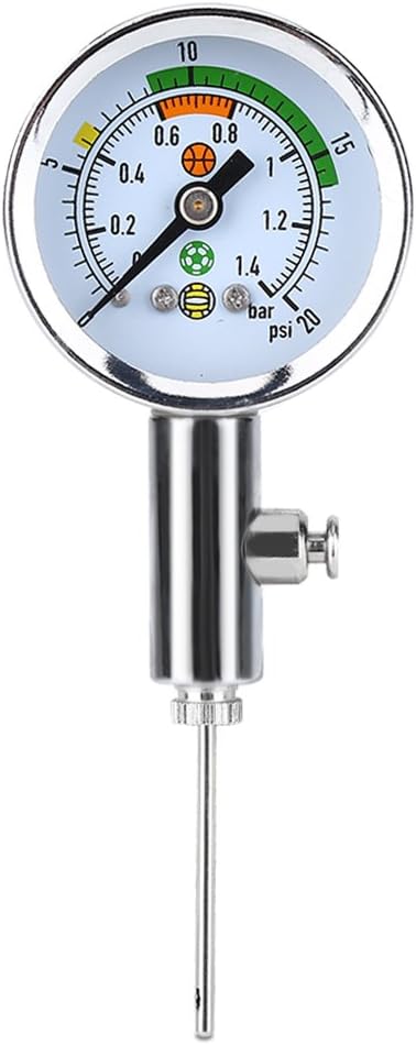Load image into Gallery viewer, Product: Optimaliseer je spel met onze mini luchtdrukmeter voor sportballen! Het beschikt over een wijzerplaat die bar en psi weergeeft, met gekleurde indicatoren voor verschillende drukniveaus - ideaal voor nauwkeurige luchtdrukmeting in sportballen.
