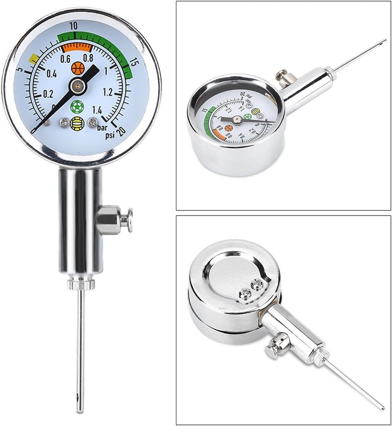Load image into Gallery viewer, Drie afbeeldingen tonen de mini luchtdrukmeter voor sportballen, met een roestvrijstalen wijzerplaat met een drukmeter in gekleurde zones. Het bevat een metalen sonde en afstelschroef, ideaal voor het meten van druk in verschillende scenario&#39;s.
