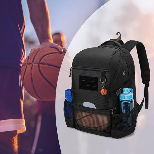 Basketbalrugzak zwart met bal-, schoenenvak en laptopvak - happygetfit.com
