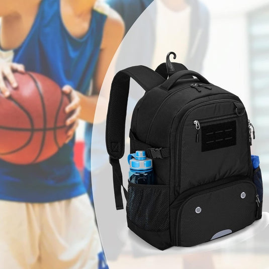 Basketbalrugzak zwart met bal-, schoenenvak en laptopvak - happygetfit.com