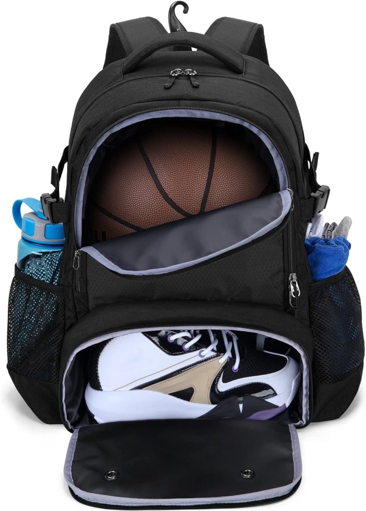 Chargez l'image dans la visionneuse de la galerie, Basketbalrugzak zwart met bal-, schoenenvak en laptopvak - happygetfit.com
