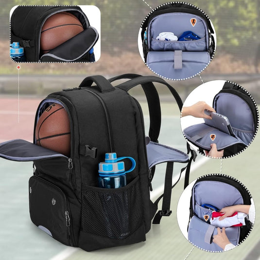 Basketbalrugzak zwart met bal-, schoenenvak en laptopvak - happygetfit.com