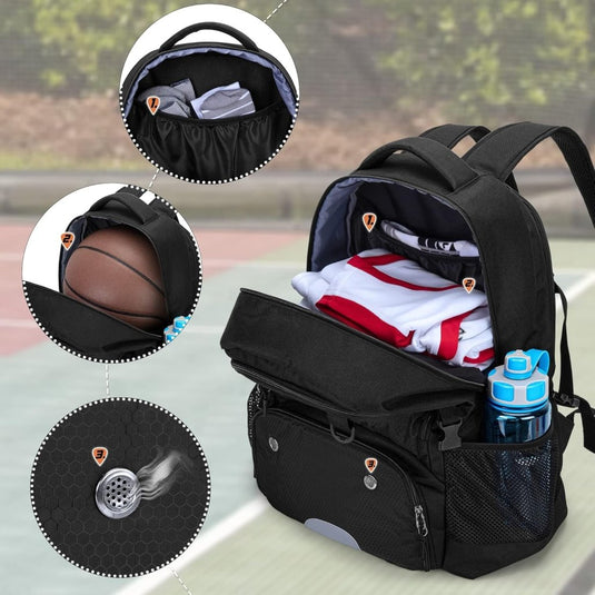 Basketbalrugzak zwart met bal-, schoenenvak en laptopvak - happygetfit.com