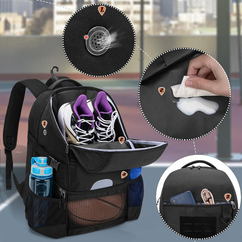 Chargez l'image dans la visionneuse de la galerie, Basketbalrugzak zwart met bal-, schoenenvak en laptopvak - happygetfit.com
