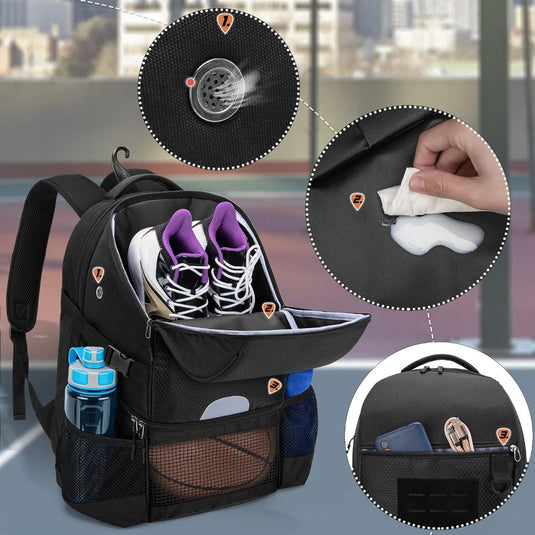 Basketbalrugzak zwart met bal-, schoenenvak en laptopvak - happygetfit.com