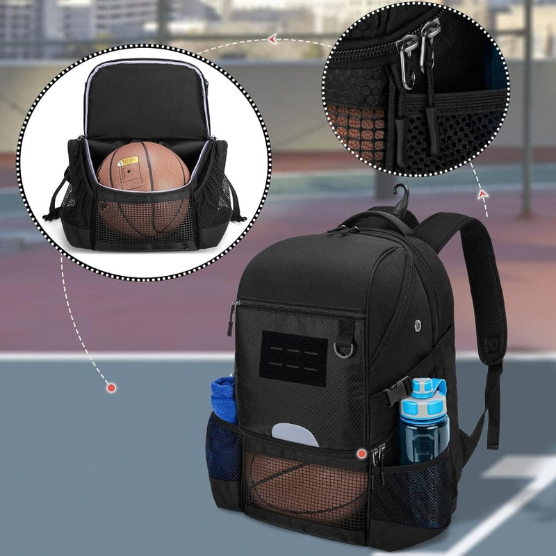 Chargez l'image dans la visionneuse de la galerie, Basketbalrugzak zwart met bal-, schoenenvak en laptopvak - happygetfit.com
