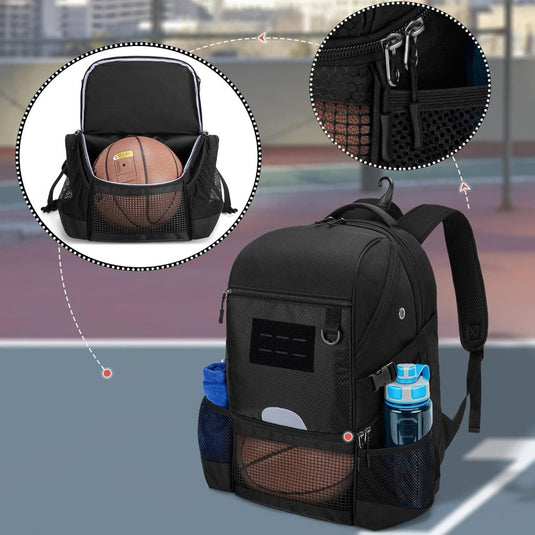 Basketbalrugzak zwart met bal-, schoenenvak en laptopvak - happygetfit.com