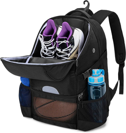 Basketbalrugzak zwart met bal-, schoenenvak en laptopvak - happygetfit.com