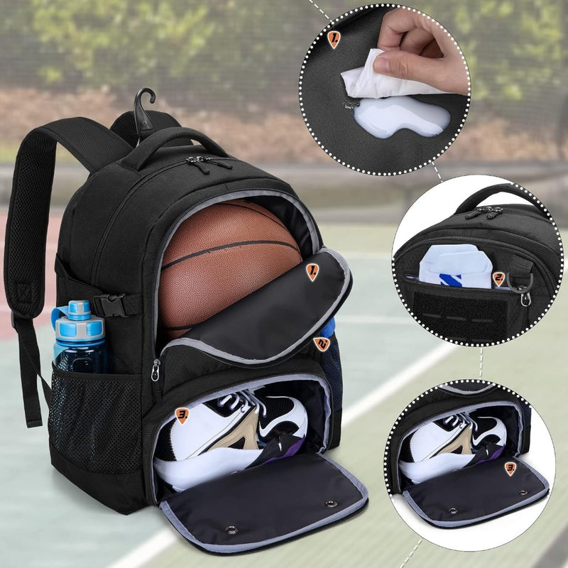 Chargez l'image dans la visionneuse de la galerie, Basketbalrugzak zwart met bal-, schoenenvak en laptopvak - happygetfit.com
