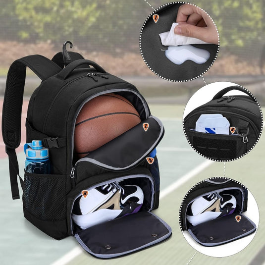 Basketbalrugzak zwart met bal-, schoenenvak en laptopvak - happygetfit.com