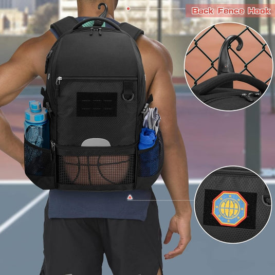 Basketbalrugzak zwart met bal-, schoenenvak en laptopvak - happygetfit.com