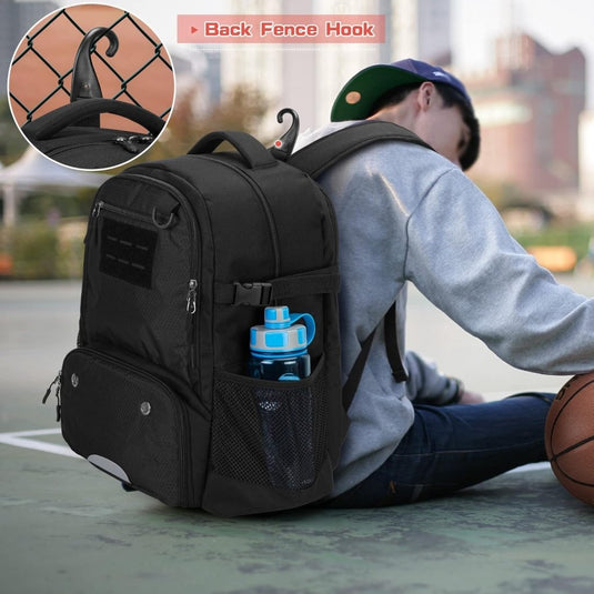 Basketbalrugzak zwart met bal-, schoenenvak en laptopvak - happygetfit.com