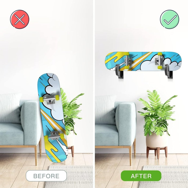 Laad afbeelding in Galerijviewer, BIJUN Skateboard muurbevestiging, longboard hanger plank display rek, geschikt voor skateboard, longboard, ski's, snowboards, waterski's en elektrisch skateboard (zwart) - happygetfit.com
