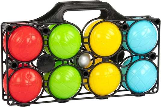 Boccia spel 9-delig met 8 kunststof ballen van 7 cm inclusief doelbal en draagmand – werpspel – tuinactiviteiten - happygetfit.com