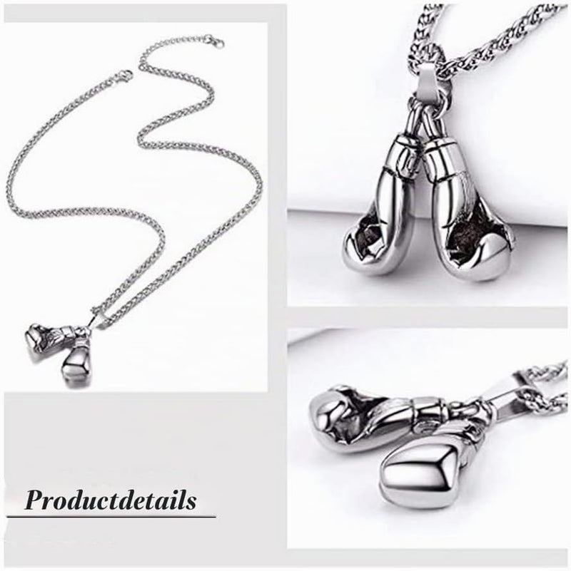 Laden Sie das Bild in Galerie -Viewer, Bokshandschoen ketting van roestvrij staal met hanger en karabijnsluiting – bokssieraden – sportketting - happygetfit.com
