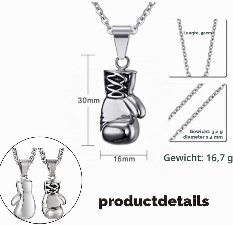 Laden Sie das Bild in Galerie -Viewer, Bokshandschoen ketting van roestvrij staal met hanger en karabijnsluiting – bokssieraden – sportketting - happygetfit.com
