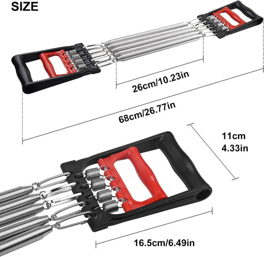 De Verstelbare Borstexpander - Jouw complete fitnessoplossing is voorzien van vijf metalen veren en rood-zwarte handgrepen. Het meet 68 cm in lengte, 26 cm in handgreepbreedte, 11 cm hoogte, en 16,5 cm breedte. Ideaal voor krachttraining en perfect voor thuisgebruik.