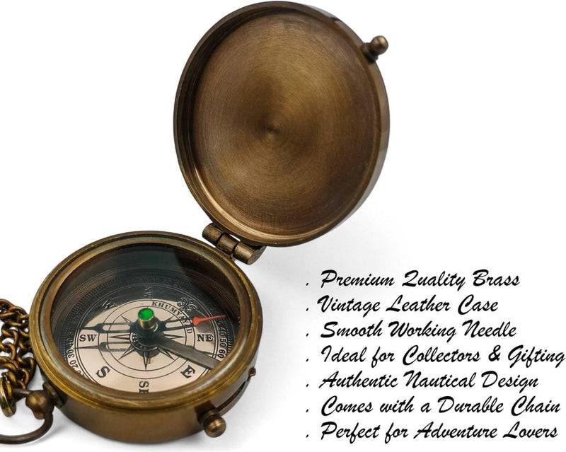 Load image into Gallery viewer, Brass Pocket Compass Hand Made Fully Functional Compass Antique Nautical Replica Item with Leather Case. - happygetfit.com
