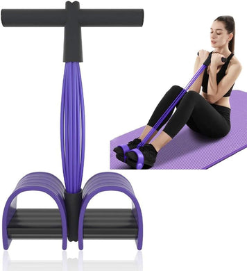 Efficiënte buiktrainer voor thuisfitness met paarse weerstandsbanden, voetpedalen en stuur voor een full-body workout. Inzetafbeelding toont gebruik op een yogamat, waardoor het ideaal is voor gewichtsverlies en effectief als buiktrainer.