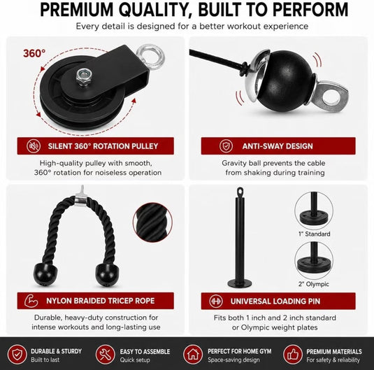 Cable Pulley System Home Gym, LAT Pull Down Weight Pulley System Gym Fitness DIY Loading Pin Weight Lifting Triceps Rope Workout Adjustable Length Pulley Cable Machine Attachments for Home Gym - happygetfit.com