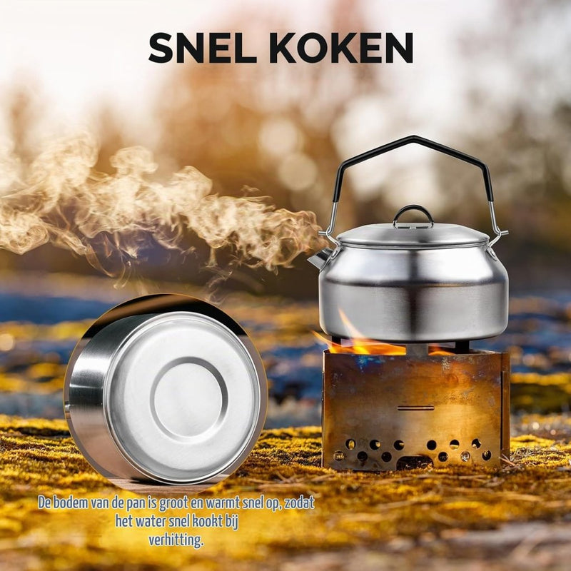 Bild im Galerie-Viewer laden, Camping waterketel 1 liter van 304 roestvrij staal met inklapbare handgreep voor thee koffie en buiten koken – kampeerketel – outdoor kookgerei - happygetfit.com

