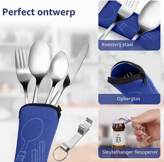 Campingbestek 6-delig van roestvrij staal met vork, lepel en flesopener inclusief opbergtas – reisbestek – picknickaccessoires - happygetfit.com