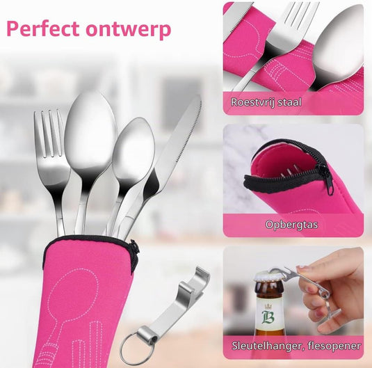 Campingbestek 6-delig van roestvrij staal met vork, lepel en flesopener inclusief opbergtas – reisbestek – picknickaccessoires - happygetfit.com
