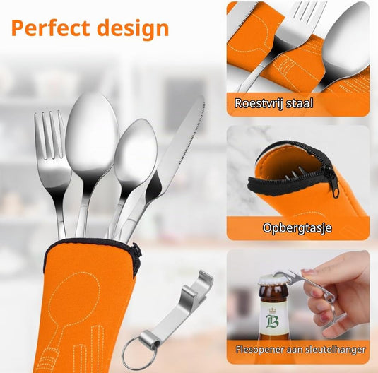 Campingbestek 6-delig van roestvrij staal met vork, lepel en flesopener inclusief opbergtas – reisbestek – picknickaccessoires - happygetfit.com