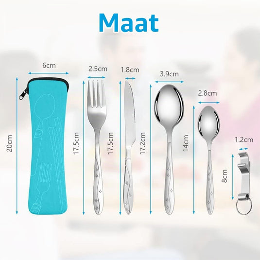 Campingbestek 6-delig van roestvrij staal met vork, lepel en flesopener inclusief opbergtas – reisbestek – picknickaccessoires - happygetfit.com