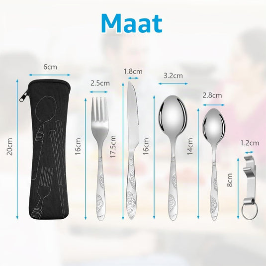 Campingbestek 6-delig van roestvrij staal met vork, lepel en flesopener inclusief opbergtas – reisbestek – picknickaccessoires - happygetfit.com