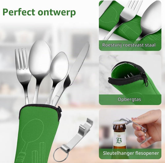 Campingbestek 6-delig van roestvrij staal met vork, lepel en flesopener inclusief opbergtas – reisbestek – picknickaccessoires - happygetfit.com