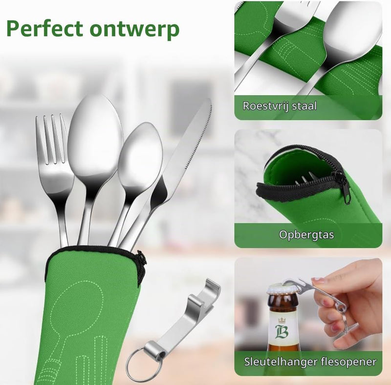 Bild im Galerie-Viewer laden, Campingbestek 6-delig van roestvrij staal met vork, lepel en flesopener inclusief opbergtas – reisbestek – picknickaccessoires - happygetfit.com
