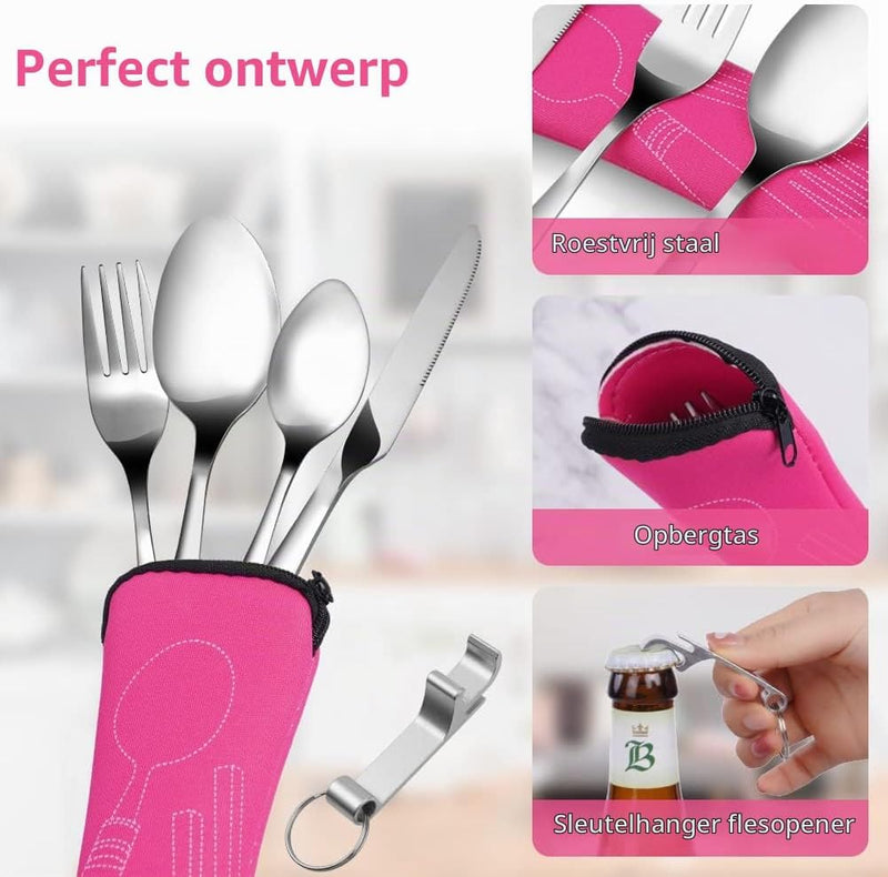 Bild im Galerie-Viewer laden, Campingbestek 6-delig van roestvrij staal met vork, lepel en flesopener inclusief opbergtas – reisbestek – picknickaccessoires - happygetfit.com
