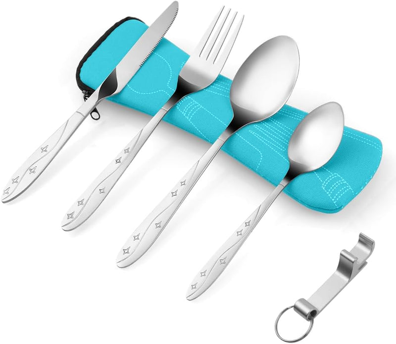 Bild im Galerie-Viewer laden, Campingbestek 6-delig van roestvrij staal met vork, lepel en flesopener inclusief opbergtas – reisbestek – picknickaccessoires - happygetfit.com
