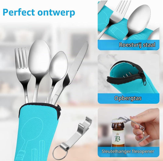 Campingbestek 6-delig van roestvrij staal met vork, lepel en flesopener inclusief opbergtas – reisbestek – picknickaccessoires - happygetfit.com