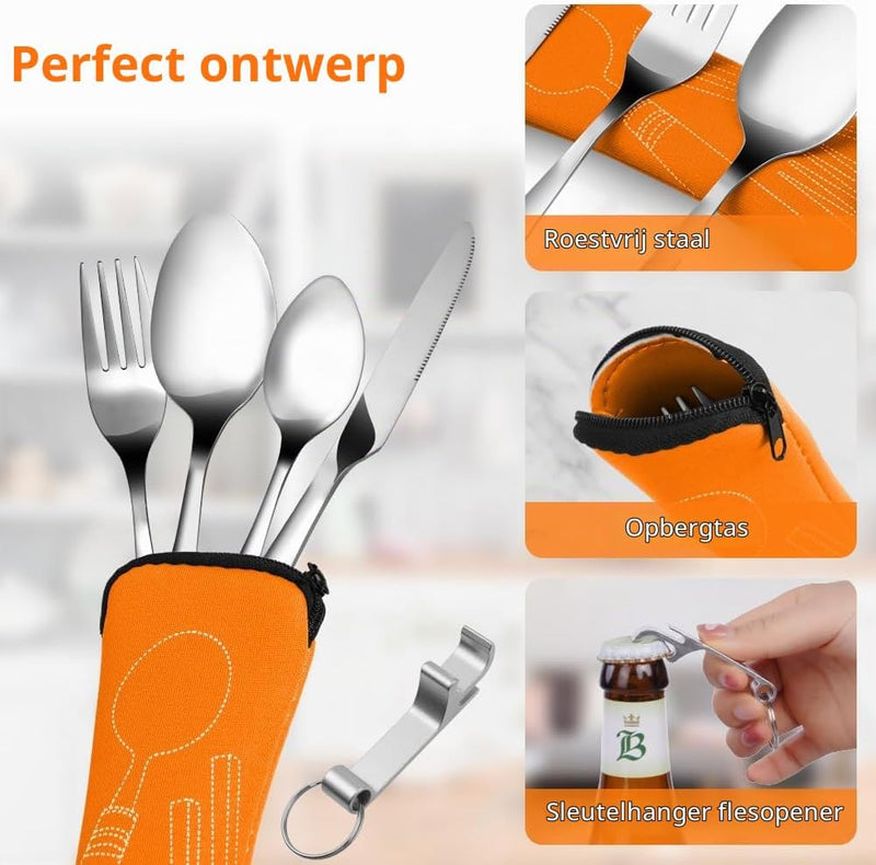 Bild im Galerie-Viewer laden, Campingbestek 6-delig van roestvrij staal met vork, lepel en flesopener inclusief opbergtas – reisbestek – picknickaccessoires - happygetfit.com
