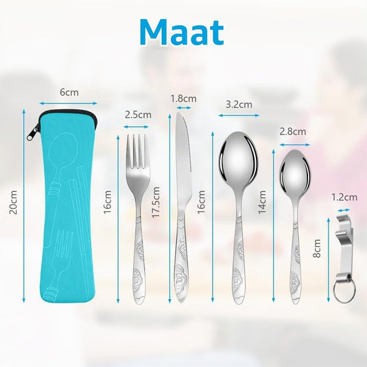 Campingbestek 6-delig van roestvrij staal met vork, lepel en flesopener inclusief opbergtas – reisbestek – picknickaccessoires - happygetfit.com