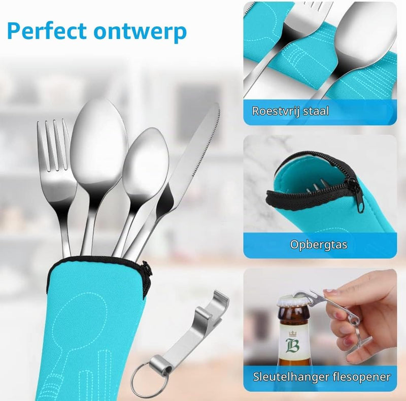 Bild im Galerie-Viewer laden, Campingbestek 6-delig van roestvrij staal met vork, lepel en flesopener inclusief opbergtas – reisbestek – picknickaccessoires - happygetfit.com
