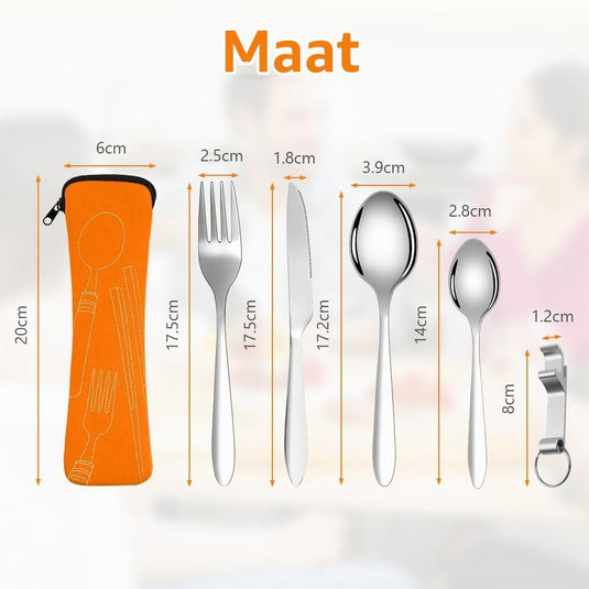 Campingbestek 6-delig van roestvrij staal met vork, lepel en flesopener inclusief opbergtas – reisbestek – picknickaccessoires - happygetfit.com