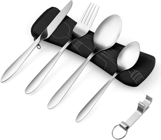 Campingbestek 6-delig van roestvrij staal met vork, lepel en flesopener inclusief opbergtas – reisbestek – picknickaccessoires - happygetfit.com