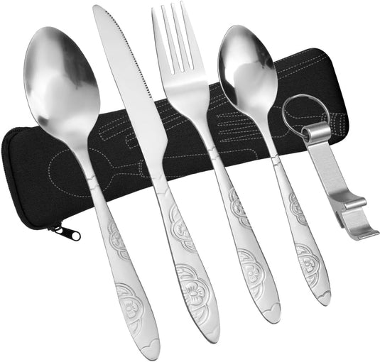 Campingbestek 6-delig van roestvrij staal met vork, lepel en flesopener inclusief opbergtas – reisbestek – picknickaccessoires - happygetfit.com