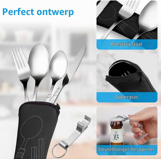 Campingbestek 6-delig van roestvrij staal met vork, lepel en flesopener inclusief opbergtas – reisbestek – picknickaccessoires - happygetfit.com
