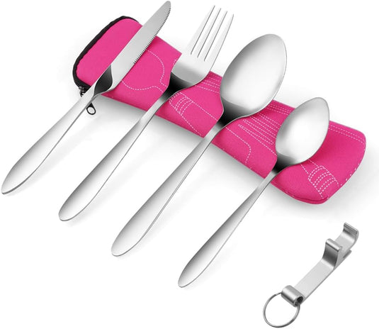 Campingbestek 6-delig van roestvrij staal met vork, lepel en flesopener inclusief opbergtas – reisbestek – picknickaccessoires - happygetfit.com