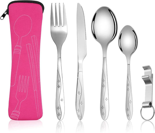 Campingbestek 6-delig van roestvrij staal met vork, lepel en flesopener inclusief opbergtas – reisbestek – picknickaccessoires - happygetfit.com