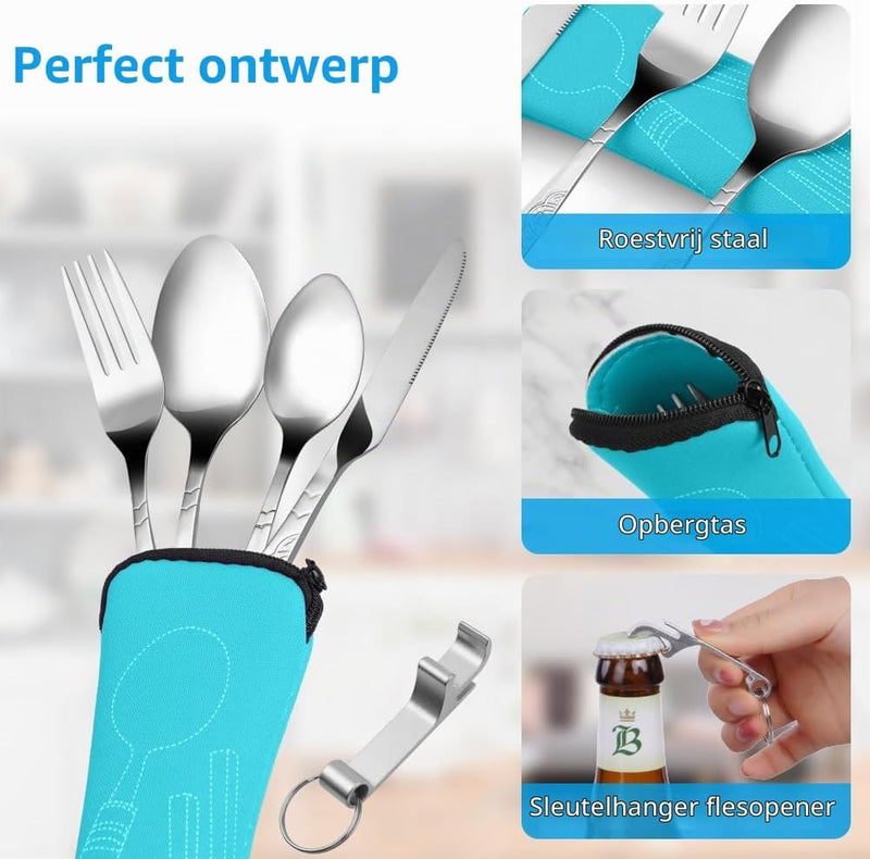 Bild im Galerie-Viewer laden, Campingbestek 6-delig van roestvrij staal met vork, lepel en flesopener inclusief opbergtas – reisbestek – picknickaccessoires - happygetfit.com

