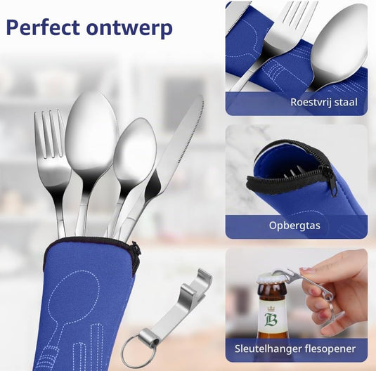 Campingbestek 6-delig van roestvrij staal met vork, lepel en flesopener inclusief opbergtas – reisbestek – picknickaccessoires - happygetfit.com