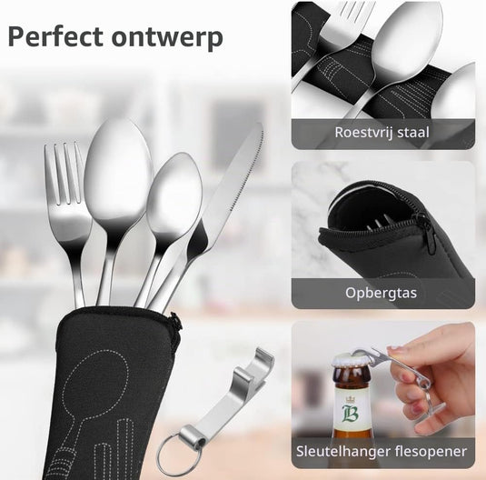 Campingbestek 6-delig van roestvrij staal met vork, lepel en flesopener inclusief opbergtas – reisbestek – picknickaccessoires - happygetfit.com
