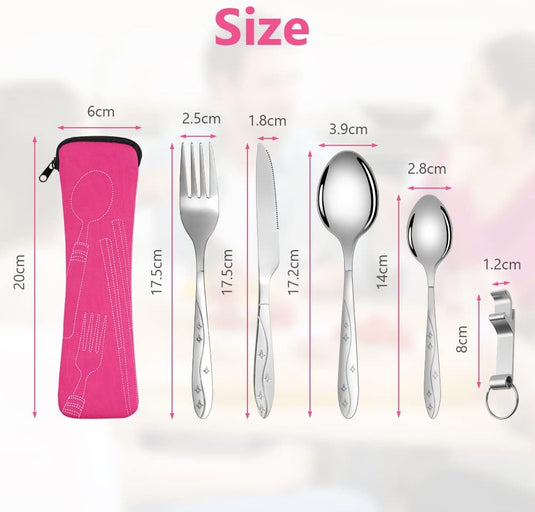 Campingbestek 6-delig van roestvrij staal met vork, lepel en flesopener inclusief opbergtas – reisbestek – picknickaccessoires - happygetfit.com