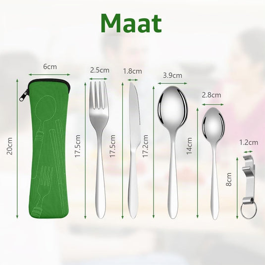 Campingbestek 6-delig van roestvrij staal met vork, lepel en flesopener inclusief opbergtas – reisbestek – picknickaccessoires - happygetfit.com