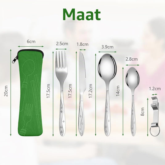 Campingbestek 6-delig van roestvrij staal met vork, lepel en flesopener inclusief opbergtas – reisbestek – picknickaccessoires - happygetfit.com